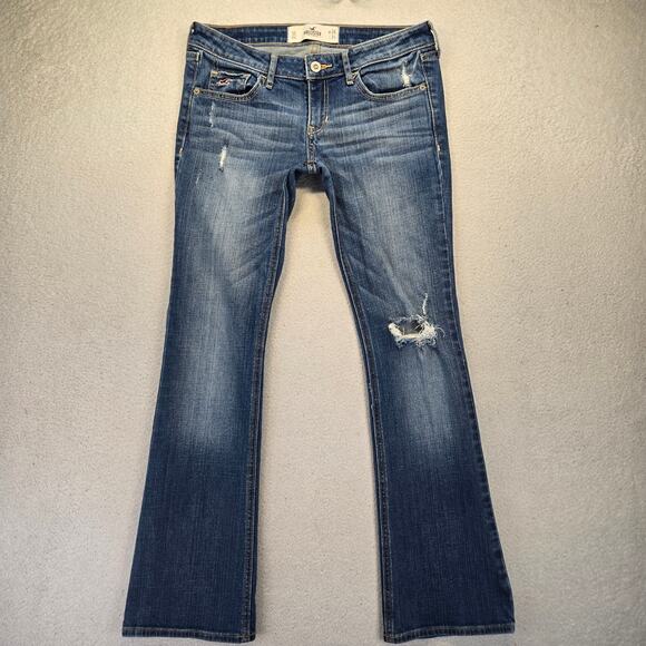 Hollister Distressed Bootcut Jeans Womens 3S Blue Stretch Low Rise Y2K - Picture 1 of 11